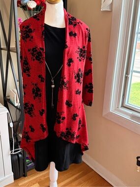 Haani Red Open-Front Cardigan with Black Floral Print